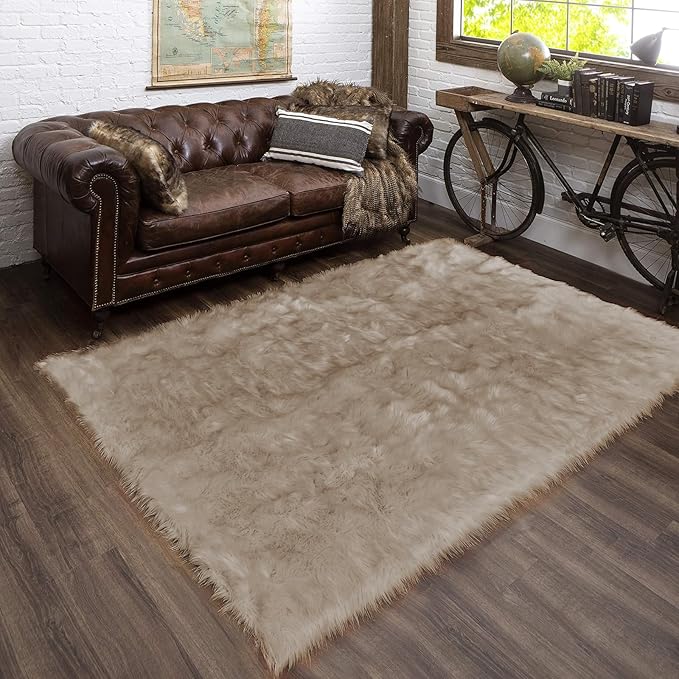 Latepis Light Brown Beige 5X6.7 Faux Fur Rug Fluffy Fuzzy Throw Rugs Washable Shag Plush Rugs for Living Room Bedroom Rug for Dorm Rectangle