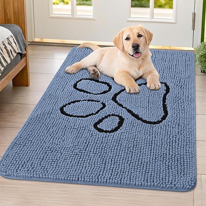 Smiry Dog Door Mat for Muddy Paws, Absorbent Dirt Trapper Non Slip Quick Dry Washable Chenille Mat for Mud Dogs, Entry Rug for Indoor and Outdoor (40x32 Inches, Airy Blue and Black)