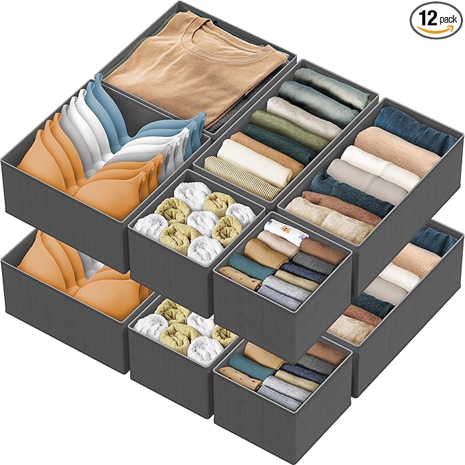 Simple Houseware Foldable Drawer Organizer for Clothes/Underwear/Panty/Onesie Stocking Bin, Set of 12, Dark Gray