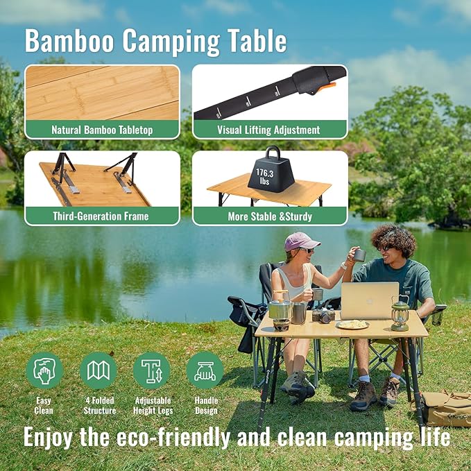 KingCamp Bamboo Folding Table, 4-Fold Camping Adjustable Height Portable Outdoor Lightweight & Compact Table with Aluminum Frame for RV Picnic BBQ Tailgating