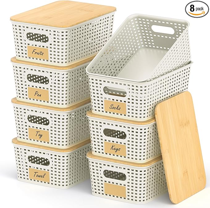 Stackable Storage Basket: Plastic Baskets Bins, Baskets for Organizing, Pantry Decorative Containers for Closets, Cabinets, Shelves(8 Pack, White)