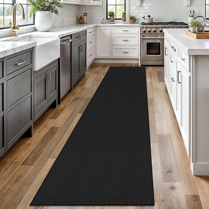 Braided Runner Rug 2x12 Ft Washable Runners for Hallways Non Slip Rubber Backed Kitchen Runners Cotton Extra Long Entryway Runner Indoor, Woven Carpet for Hall Entryway, Black/Grey