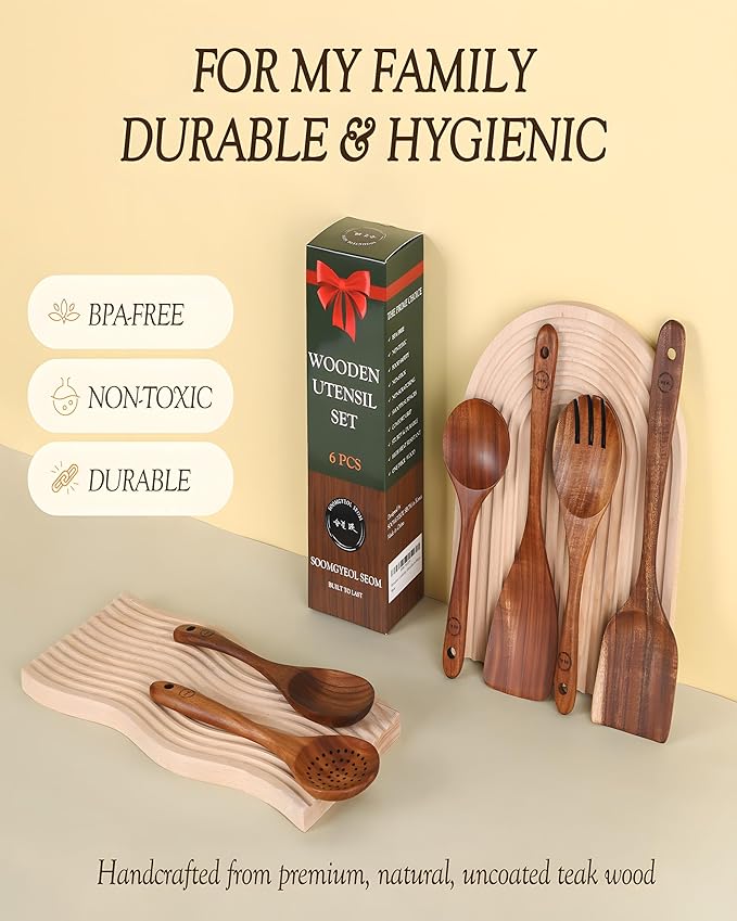 6-Piece Natural Teak Wood Utensil Set - Compact Nonstick Cooking Spoons & Spatulas, Durable Wooden Tools
