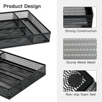 Neudeco Drawer Organizer Set 6 Pack - 5-Compartment Silverware Organizer Tray + 5 Utensil Trays, Kitchen Drawer Organizer for Flatware, Cutlery, Office Supplies, Black Mesh, Non-Slip.