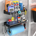 ZUNTO Pack of 2 Black Paper Towel Holder and Organizer Shelf for Garage, Wall Mounted Paper Roll Holder with Shelf and Hooks, Drilling Garage Organization and Storage