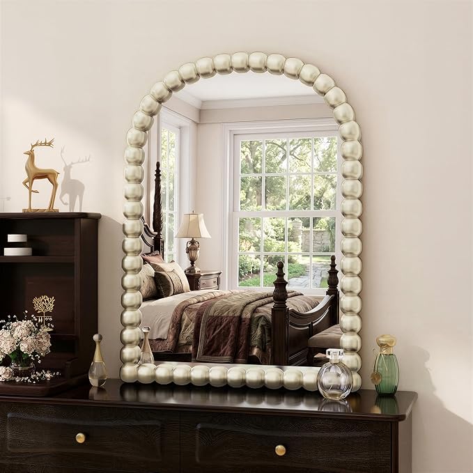 30"×38" Silver Arched Bathroom Vanity Mirror, Vintage Beaded Decorative Wall Mounted Makeup Mirror, as Wall Decor Hanging Leaning for Fireplace Mantle, Living Room, Bedroom, Vanity Area
