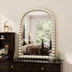 30"×38" Silver Arched Bathroom Vanity Mirror, Vintage Beaded Decorative Wall Mounted Makeup Mirror, as Wall Decor Hanging Leaning for Fireplace Mantle, Living Room, Bedroom, Vanity Area