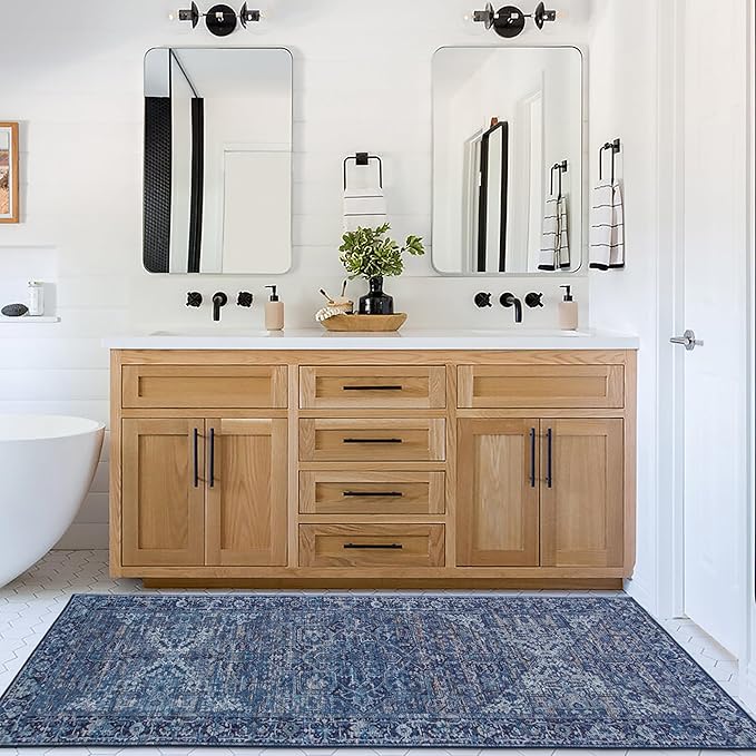 ReaLife Rugs Machine Washable Area Rug Runner - Living Room Bedroom Bathroom Kitchen Entryway Office - Padded Low Pile Stain Resistant Premium - Boho Vintage Traditional - Lyle - Blue 2'6" x 6'