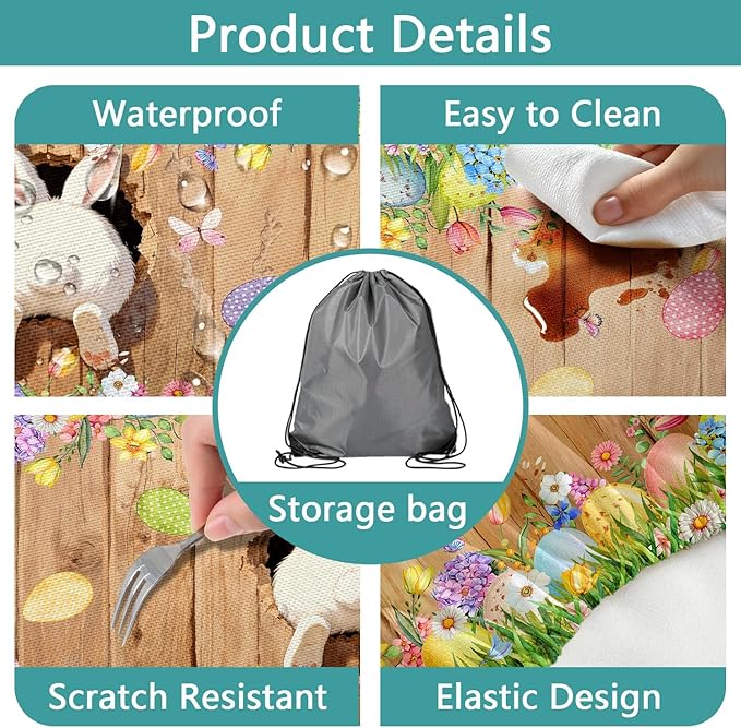 Easter Picnic Table Cover with Bench Covers, Cute Bunny Flower Brown Wooden Board Camping Tablecloth, Waterproof Windproof, Fitted Tablecloth Cover with Elastic Edge, for Outdoor, 3 PCS, 30x72 Inch