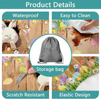 Easter Picnic Table Cover with Bench Covers, Cute Bunny Flower Brown Wooden Board Camping Tablecloth, Waterproof Windproof, Fitted Tablecloth Cover with Elastic Edge, for Outdoor, 3 PCS, 30x72 Inch