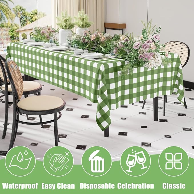Smiry 6 Pack Sage Green Gingham Disposable Tablecloths - 54" x 108" Heavy Duty Plastic Table Cloth, Waterproof Buffalo Plaid Table Covers for Picnic, Banquets, Outdoor Parties