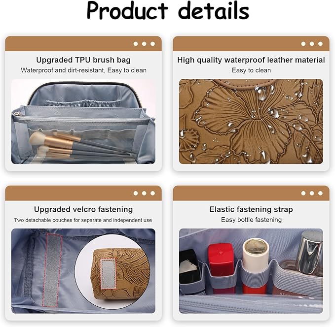 BOYATU Travel Makeup Bags Cosmetic Organizer Bag: 3-Set Large Capacity Make up Bag - PU Leather Toiletry Bags for Women - Wide Open Portable Pouch with Divider & Handle (01-Z-Brown)
