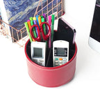 Round Leather Art Supply Organizer,Remote Control Holder,360 Degree Spinning,Multi-Functional Pencil Holder,4 Compartments Desktop Stationary Organizer(1-Oil Red)