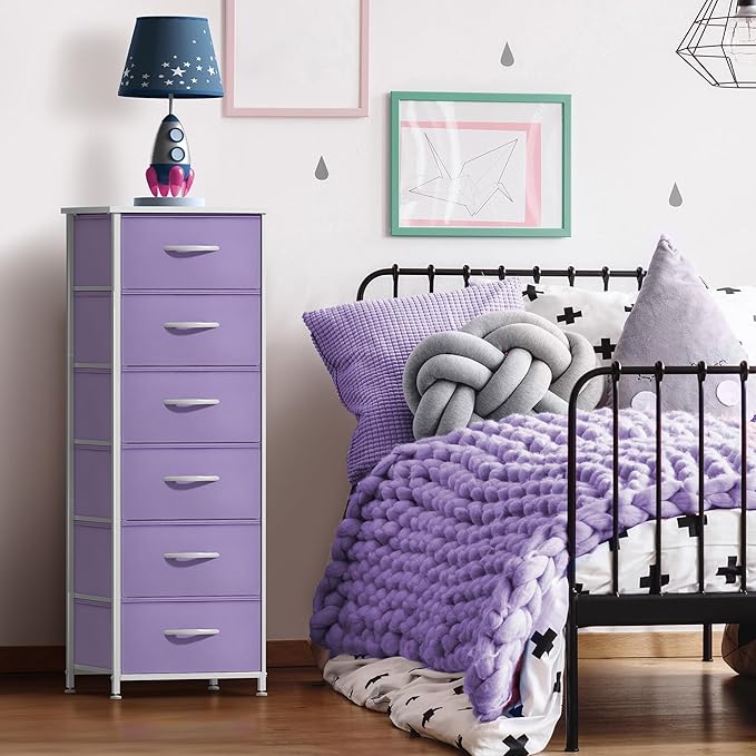 Sorbus Fabric Dresser for Kids Bedroom - Chest of 6 Drawers, Tall Storage Tower, Clothing Organizer, for Closet, for Playroom, for Nursery, Steel Frame, Fabric Bins - Wood Handle (Purple)