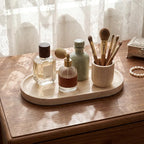 YKAJO Oval Real Marble Tray for Bathroom Kitchen Counter Stone Decorative Vanity Tray for Dresser Perfume Heavy Catchall Organizer for Soap Jewelry (Wooden Vein Beige, 11.8" x 5.9")