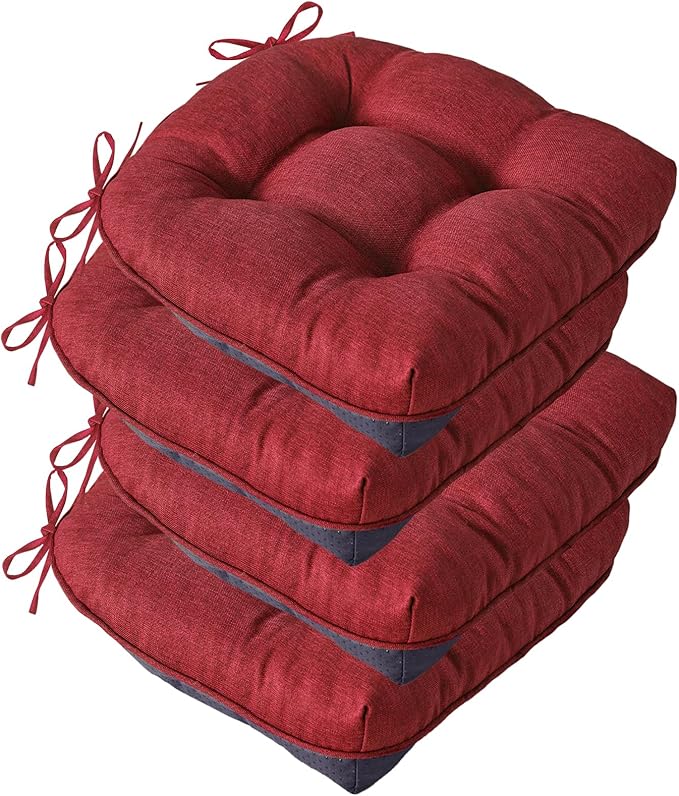 Chair Cushions for Dining Chairs, Seat Cushions for Kitchen Chairs, Indoor Seat Cushions with Ties, Tufted Foam Chair Pads, Non Slip Chair Cushions Set of 4, 15.5" x 15.5" x 4", Red