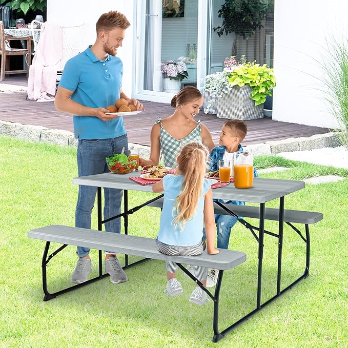 GYMAX Picnic Table, 550 LBS Folding Picnic Tables with Benches & Seats, Weather-Resistant Easy Setup Portable Picnic Table, Wood-Like Foldable Picnic Tables for Outdoors Patio Deck Party BBQ (Grey)