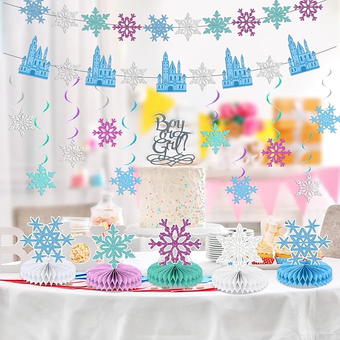 14 PCS Snow Birthday Party Decor Princess Wonderland Banner Glittery Snowflakes Hanging Swirls Snowflakes Honeycomb Table Centerpieces for Girl Princess Birthday Wedding Baby Shower Party Supplies