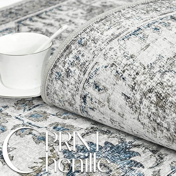 jinchan Kalen Round Rug 7ft Area Rug Washable Vintage Indoor Retro Floor Cover Distressed Floral 7' Round Circle Boho Non Slip Thin Carpet for Living Room Dining Room Bedroom Kitchen Blue