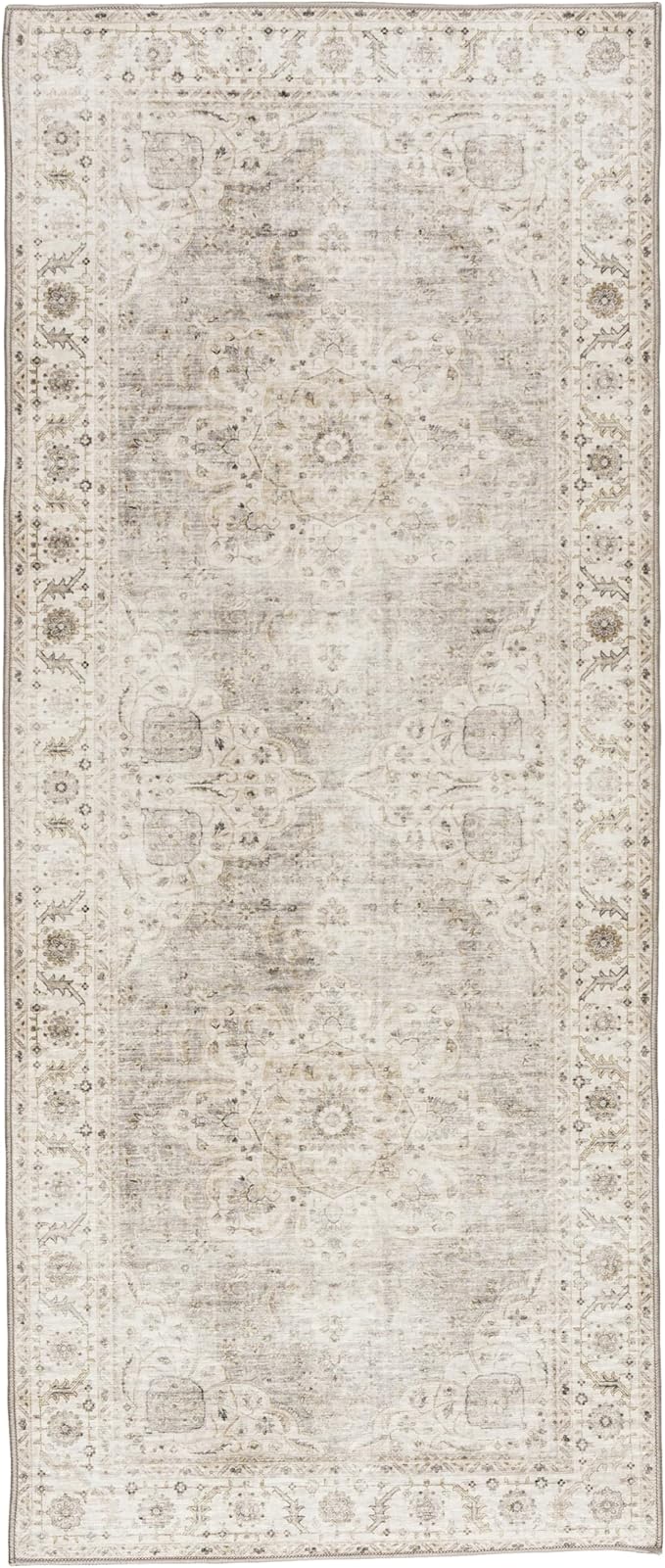 ReaLife Rugs Machine Washable Area Rug Runner - Living Room Bedroom Bathroom Kitchen Entryway Office - Padded Low Pile Stain Resistant Premium - Boho Farmhouse Vintage - Joy - Beige Ivory 2'6" x 6'