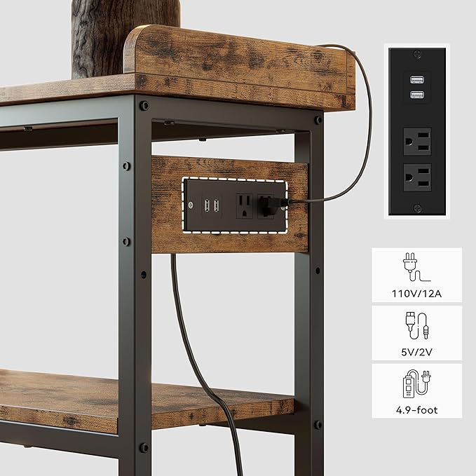 IRONCK Console Table, Sofa Table with Power Outlet, Farmhouse Hallway Table for Entryway, Living Room, Height Adjustable, Easy Assembly, Rustic Brown,32"