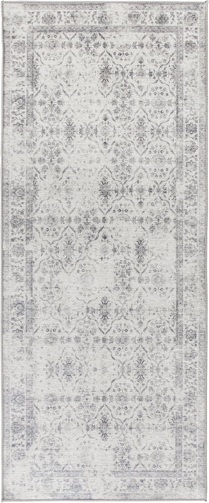 ReaLife Rugs Machine Washable Area Rug Runner - Living Room Bedroom Bathroom Kitchen Entryway Office - Padded Low Pile Stain Resistant Premium - Boho Farmhouse Vintage - Noor - Ivory Grey 2'6" x 6'