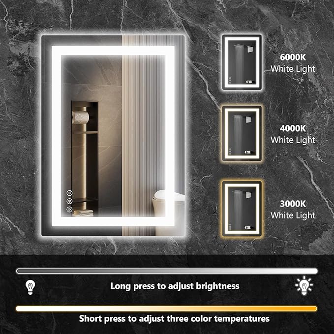 Sweetcrispy 28"x36" Smart Anti-Fog LED Bathroom Mirror with Lights and Front Light & Backlit, 3 Color Temperatures, Dimmable, Memory Function, Rectangle Modern Vanity Mirror