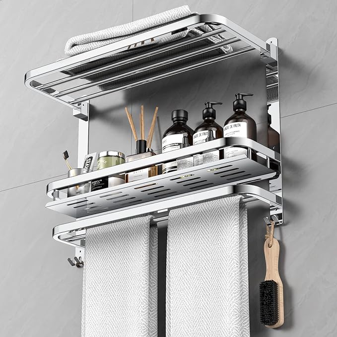 CAXIMSY 22.8Inch Towel Rack for Bathroom and Lavatory Towel Hanger with Wall Mount Towel Bars 304 Stainless Steel No Drill (Collapsible Towel Rack with Bathroom Organize Shower Shelves)