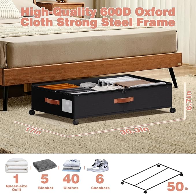 Under Bed Storage with Wheels - Rolling Underbed Containers with PVC Clear Lid & Dividers, 600D Oxford Fabric, PU Leather Handles, Adjustable Magic Tape Partition, XXL 66L, Black