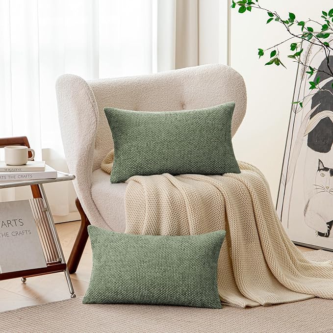 a moment Moss Green Chenille Throw Pillow Covers 12x20 Inch Pack of 2 Modern Decorative Throw Pillow Covers Farmhouse Cross Covers Home Decor for Sofa Bedroom Living Room