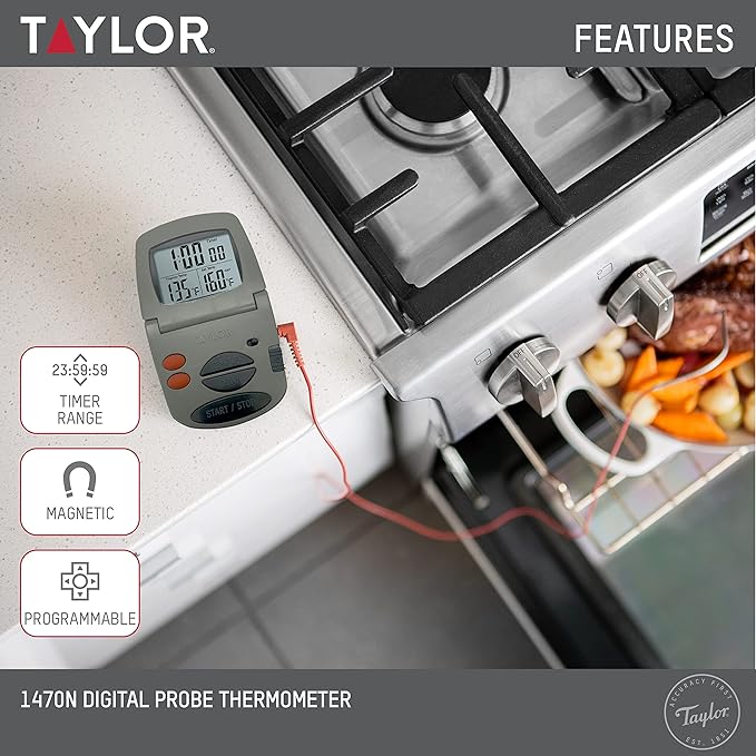 Taylor Programmable with Timer Instant Read Wired Probe Digital, Meat, Food, Grill BBQ Cooking Kitchen Thermometer with Timer, Gray