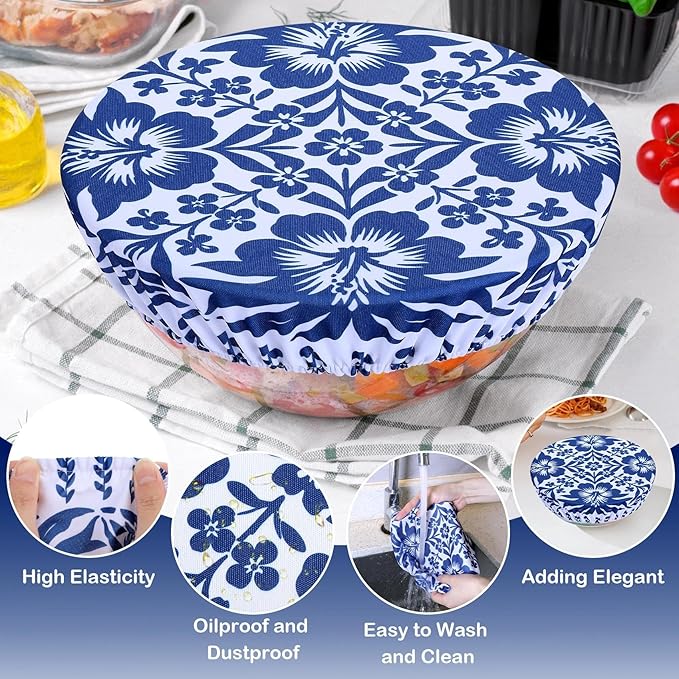 5 Pieces Bowl Covers Reusable, 5 Size Elastic Cloth Bowl Covers for Bread Proofing Stretch Food Covers Washable for Food Fruits Leftover (Blue Coconut Tree)