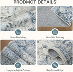8x10 Area Rugs for Living Room, Machine Washable Non Slip Vintage Rugs, Low Pile Lightweigt Chenille Print Indoor Rug for Bedroom, Dining Room, Home Office, Blue