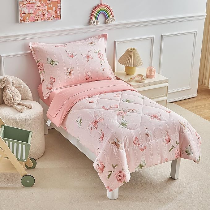 DuShow Pink Butterfly Toddler Bedding Set for Girls,4 Pieces Toddler Bed Set,Seersucker Toddler Comforter Set,Includes Comforter,Flat Sheet,Fitted Sheet and Pillowcase