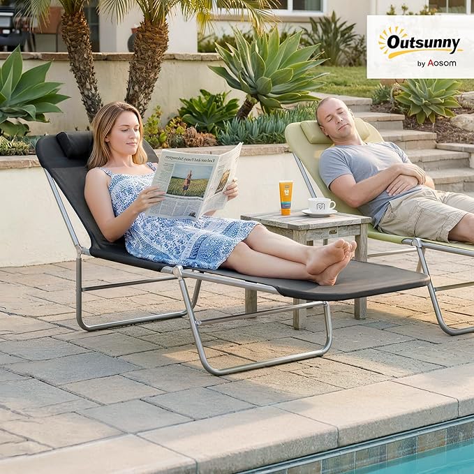 Outsunny Folding Chaise Lounge Pool Chairs, Outdoor Sun Tanning Chairs with Pillow, Reclining Back, Steel Frame & Breathable Mesh for Beach, Yard, Patio, Black