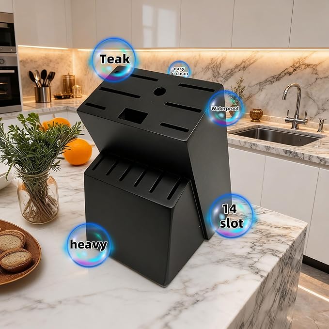 Teak Wood Knife Block Organizer, 14-Slot Kitchen Counter Storage Holder, Universal Design