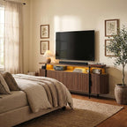 69" Mid Century Modern TV Stand, Curved Entertainment Center with LED Light & Power Outlet, Fluted Wood TV Stand for TVs up to 80'',Media TV Console Table with Sliding Doors for Living Room, Walnut