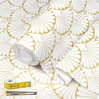 Shelf Liners Non Adhesive Gold Background White Fan-Shaped Pattern - Thickened Non-Slip Easy to Clean Drawer Liner for Kitchen Cabinets, Tool Box,Refrigerator,with Knife & Tape Measure,12in x 10FT