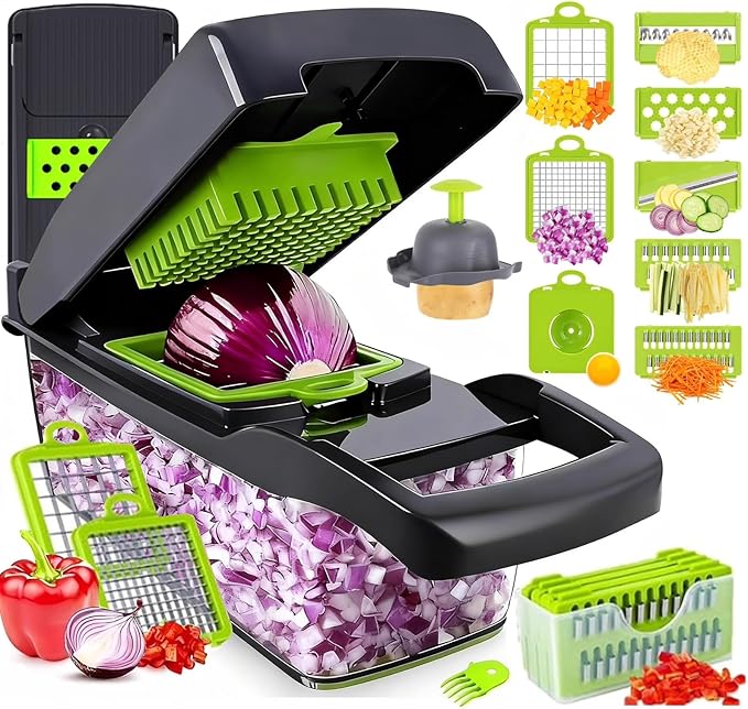 Putsea Vegetable Chopper Pro, Mandoline Slicer – 7 Stainless Steel Blades for Onion, Potato, Salad – Safe, Easy Clean & Dishwasher Safe Kitchen Gadget – Ideal for Parents, RV