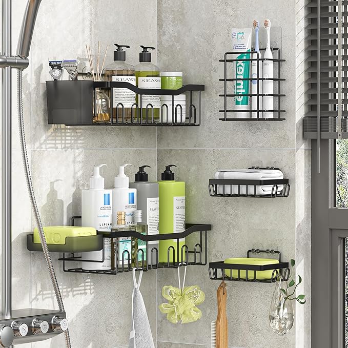 Simple Trending Adhesive Shower Caddy, 5-Pack Large Capacity Shower Shelves with Soap Dish Toothbrush Holder & Hooks, No Drilling Bathroom Organizer and Storage for Home Decor, Black