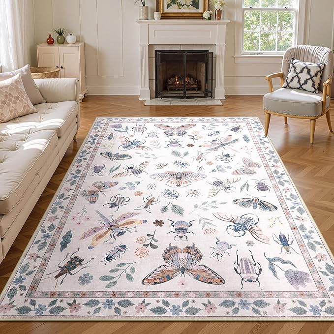 Lahome Insect Machine Washable Rugs 5x7, Non Slip Soft Pink Rugs for Bedroom Girls Living Room, Ultra-Thin Stain Resistant Accent Carpet for Dining Room Office Nursery(5'x7',Pink)