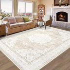 Vintage Living Room Area Rug - 6x9 Large Machine Washable Boho Moroccan Rug Distressed Farmhouse Rugs for Bedroom - Soft Non-Slip Indoor Carpet for Dining Room Office Nursery(Boho Beige, 6'x9')