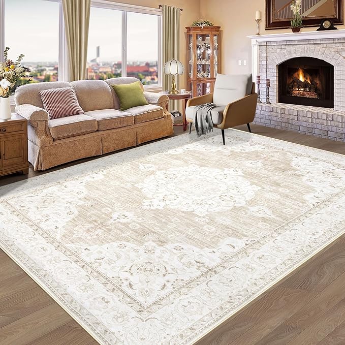 Vintage Living Room Area Rug - 6x9 Large Machine Washable Boho Moroccan Rug Distressed Farmhouse Rugs for Bedroom - Soft Non-Slip Indoor Carpet for Dining Room Office Nursery(Boho Beige, 6'x9')