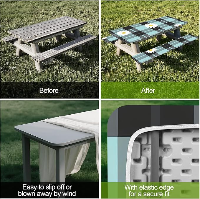 British Floral Plaid Picnic Table Cover with Bench Covers Set of 3-Light Blue Check with Daisies,Elastic Fitted Tablecloth for 6 Ft Tables, Washable Polyester Cover for Camping, Indoor & Outdoor