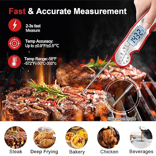 Meat Thermometer Digital - Fast Instant Read Food Thermometer for Cooking, Candy, Outside Grill, and Roast, Digital Food Thermometer with Backlight LCD & Calibration - Red/Silver