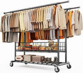 HOKEEPER Heavy Duty Clothes Rack Load 635 LBS, Clothing Rack for Hanging Clothes, Adjustable Black Double Rod with Metal Basket, Portable Rolling Garment Rack with Wheels for Bedroom, Laundry Room