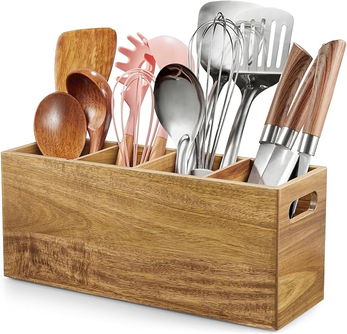ALELION Acacia Wood Utensil Holder with Removable Divider - 4 Compartment Wooden Utensil Caddy Organizer for Kitchen Counter - Cooking Utensil Crock for Countertop