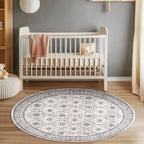 jinchan Round Rug 6ft Washable Circle Soft Rug - Low Pile Vintage 6'Round Indoor Beige Floral Print Stain Resistant Boho Carpet Ultra-Thin Non-Slip for Living Room Nursery Bedroom Dining Room Kitchen
