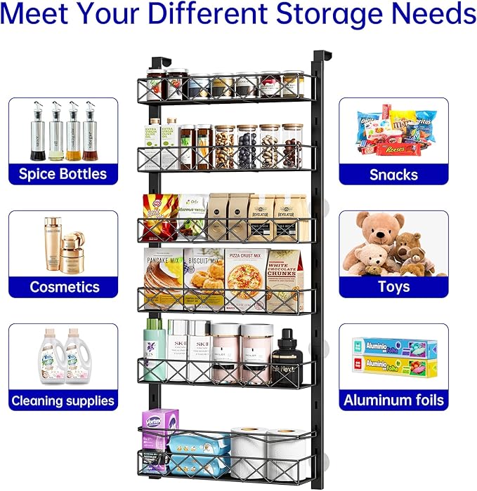 MIAOLI Over the Door Organizer, Black 6-Tier Pantry Door Organizer with Adjustable Basket, Hanging Spice Rack Cabinet Door Shelves, Laundry Room Organization and Storage