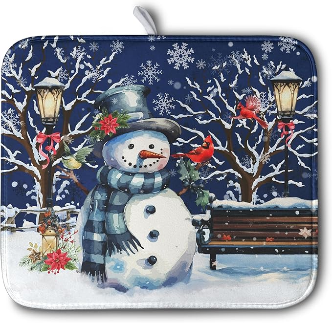 Winter Snowman Dish Drying Mat for Kitchen Counter 16x18, Xmas Snowflakes Dish Drainer Mat Snowy Night Drying Kitchen Mats Cardinal Birld Dish Pad Absorbent Reversible Coffee Mats for Dishes